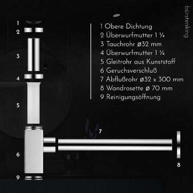 Сифон Brstenking Universal Design для умивальника та умивальника, простий монтаж та очищення, з'єднувальна різьба 1 1/4 дюйма, кругла форма, чорно-матовий (квадратний хром)