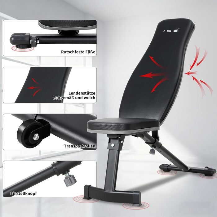 Збільшена складна багатофункціональна лава для силових тренувань ISE з 6-позиційною регульованою спинкою, жим лежачи, тренувальна лава для всього тіла, домашня фітнес-лава SY-5021