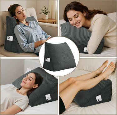 Вельветова клиноподібна подушка - трикутна спинка для ліжка та дивана, подушка для читання, ергономічна спинка, знімна, чохол, який можна прати (темно-сірий, 45 x 35 x 20 см) Темно-сірий 45x35x20 см