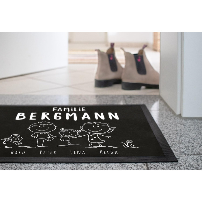 Персоналізований сімейний килимок для дверей з іменами 1, 2, 3 та більше дітей, собака, кіт, фігурка-паличка, білий, 60x40 см, фігурка-паличка біла