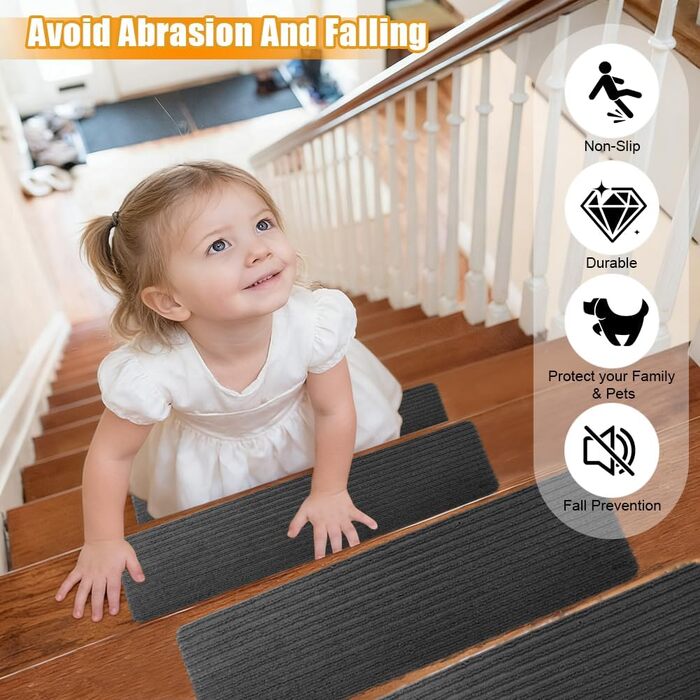 Килимків для сходів, 55x22 см, самоклеючі килимки для сходів у приміщенні, протиковзкі килимки для сходів, ріжучі, безпечний килимок для сходів для дітей, для літніх домашніх тварин, темно-сірий 55x22 см, темно-сірий, 15