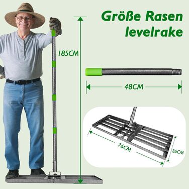 Гребінь для вирівнювання газону, 76x25 см, з регульованою ручкою 185 см. Ідеально підходить для саду, подвір'я та гольф-поля Легко вирівнює поверхні з ґрунту, піску та глини.