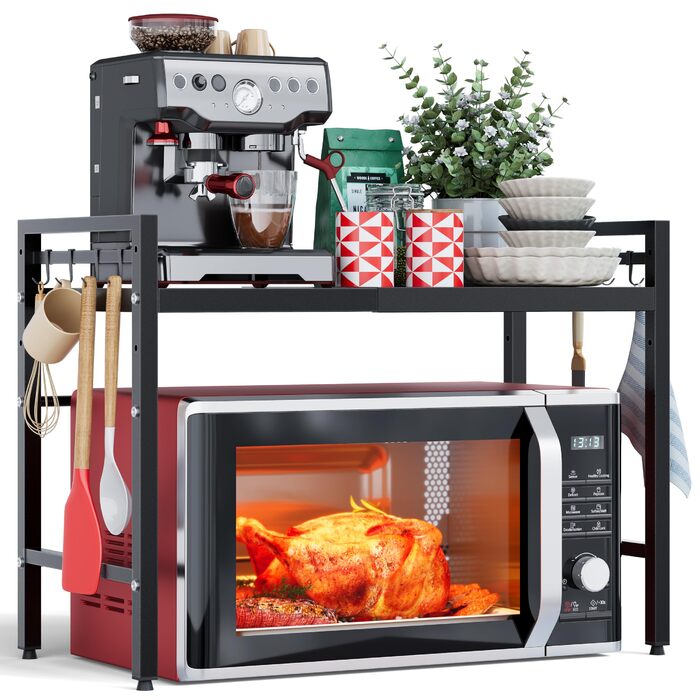 Розширювана полиця для мікрохвильової печі NETEL, 2-рівнева, полиця над мікрохвильовою піччю, підставка для мікрохвильової печі на стільницю, кухонна полиця для духовки/кавоварки, стабільна підставка для мікрохвильової печі з 8 гачками, чорна, 2-рівнева -