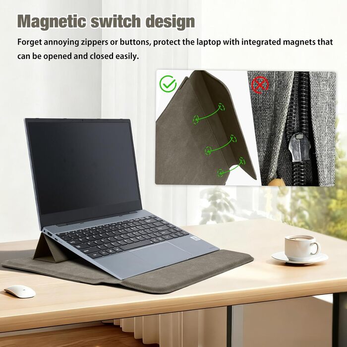 Чохол для ноутбука HaruYo з підставкою, кишенями для живлення та аксесуарів, сумісний з MacBook, iPad, Surface, Lenovo, HP (12-16 дюймів, кавовий сірий)