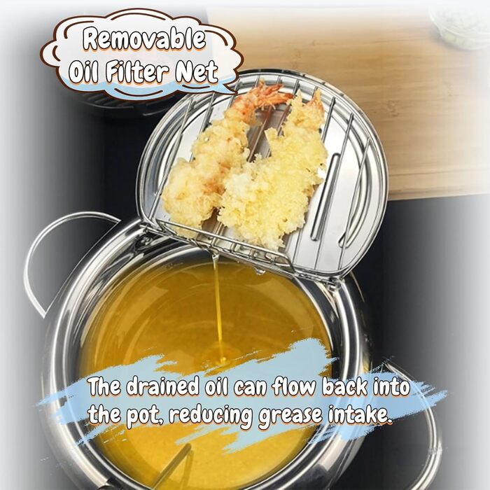 Горщик для смаження в японському стилі, маленька фритюрниця з термометром і кришкою, каструля з нержавіючої сталі, сумісна з індукційною плитою (великий розмір 24 см)