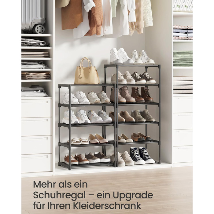 Рівнева взуттєва полиця, висока відкрита шафа для взуття, вузька підставка для взуття, металеве місце для зберігання взуття, компактне, для гардеробної, передпокою, 30 x 45 x 174 см, чорний LSA25BK 10 ярусів (45B см) чорний, 10-