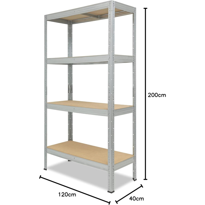 Професійний надміцний стелаж, оцинкований/металевий стелаж з 4 полицями, вантажопідйомність 200 кг кожна/металевий стелаж для підвалу, гаражний стелаж, стелаж для майстерні або стелаж для зберігання/металевий стелаж без болтів В 200см / Ш 120см / Г 40см, 