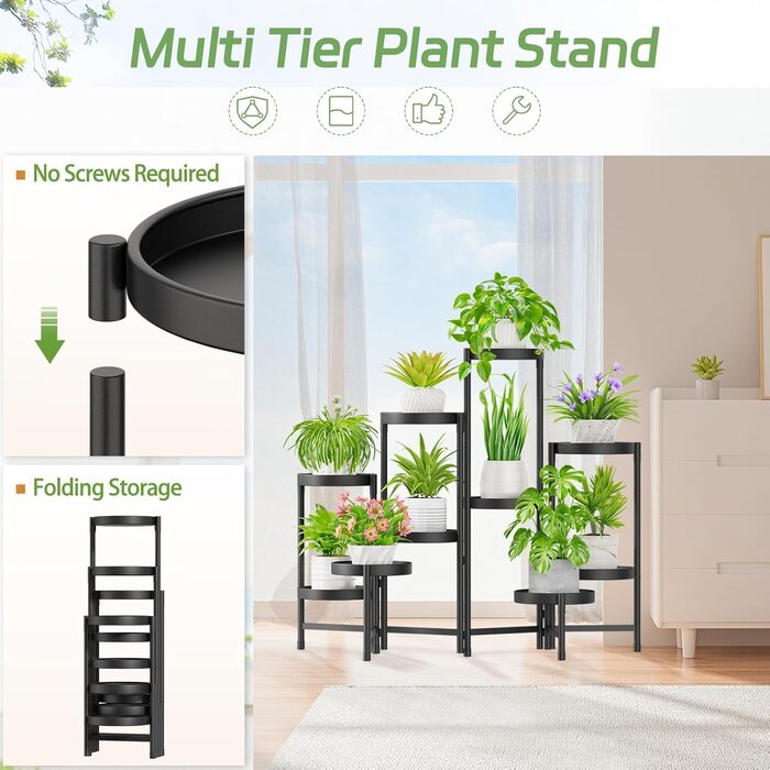 Металева підставка для рослин з 10 ярусами, підставка для квітів, полиця для рослин, стійка для квітів у приміщенні та на вулиці, підставка для рослин у приміщенні, полиця для саду, балкону, вітальні (кругла, чорна) 10 ярусів, чорний