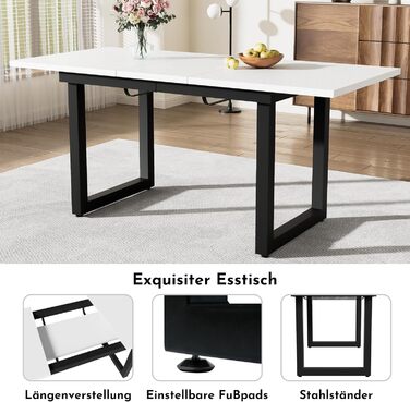 Розсувний обідній стіл Merax з металевими ніжками, прямокутний кухонний стіл для вітальні та їдальні, білий 140/180 x 80 x 75 см (розкладний) білий