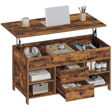 Журнальний столик Hzuaneri, стіл для вітальні з регульованою висотою, диван-столик, 2 шухляди та приховане місце для зберігання, 50 x 100 x 47,3-61,3 см, для вітальні, їдальні, офісу, вінтажний коричнево-чорний CT22101B