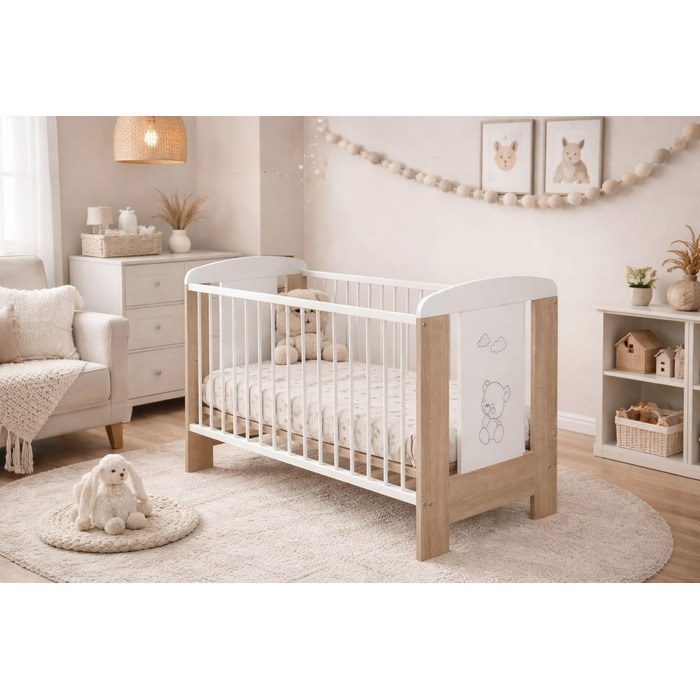 Дитяче ліжечко/ліжечко для малюків 120x60 см з масиву бука регульована висота в 3 напрямках, 3 знімні перекладини, перевірено EN 716 білий/сонома, ведмедик Модель Kamil