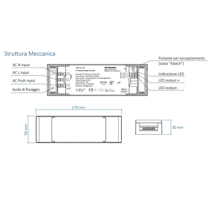 Блок живлення Dimmable, 24 В, 75 Вт, Dimmable, з кнопкою N.O. Push Dimmer і пультом дистанційного керування RF 2.4 G, для LED стрічки 24 В, Skydance PB-75-24 24V 75W