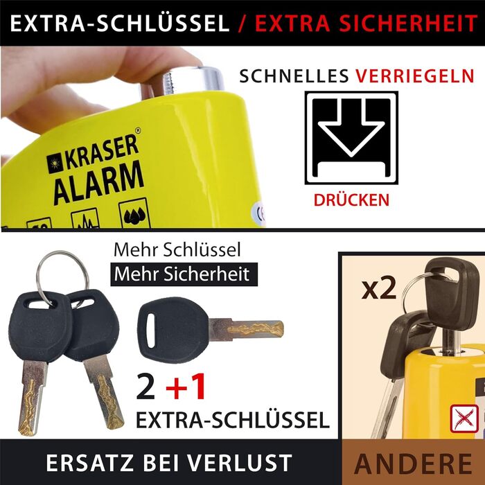 Протиугінний замок для мотоцикла з сигналізацією 110 дБ, посилений, 3 ключі (2 запасні). Високонадійний замок для мотоцикла та велосипеда, водонепроникний, з тросом нагадування 1.5 м, чохол. Універсальний замок, жовто-чорний., 6Y
