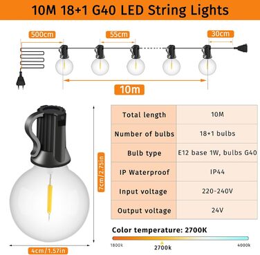 Світлодіодні казкові ліхтарі на відкритому повітрі, 10M 18 лампочок 1 заміна, G40 лампочки ABS пластикові казкові ліхтарі електрич