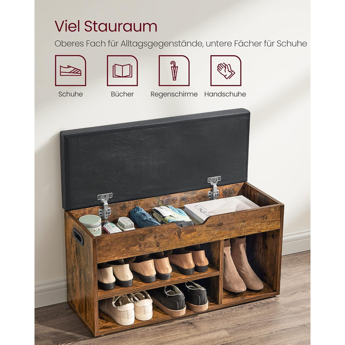 Лавка для взуття VASAGLE із сидінням, лавка для зберігання речей, м&39яка, 3 відкриті відділення, відділення під подушкою сидіння, взуттєва полиця для вітальні, коридору, вантажопідйомність до 136 кг, вінтажно-коричневий колір LHS30BX 80B см вінтажно-кори
