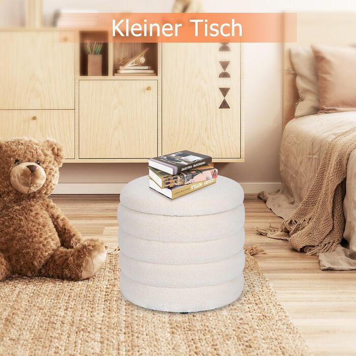 Круглий стілець для зберігання речей з плюшевої тканини - м&39який стілець, круглий туалетний столик для вітальні, спальні та коридору, Ø 46 x 47 см, білий 46x46x47 см