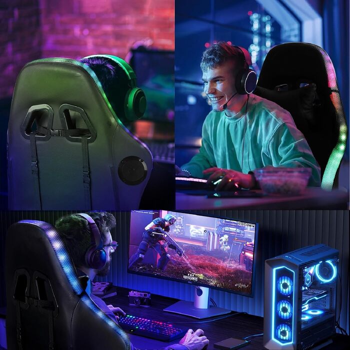 Ергономічне ігрове крісло з динаміками та світлодіодним освітленням, регульоване комп&39ютерне крісло з підставкою для ніг, підголівником та підлокітниками, крісло зі штучної шкіри для офісу та дому, чорне