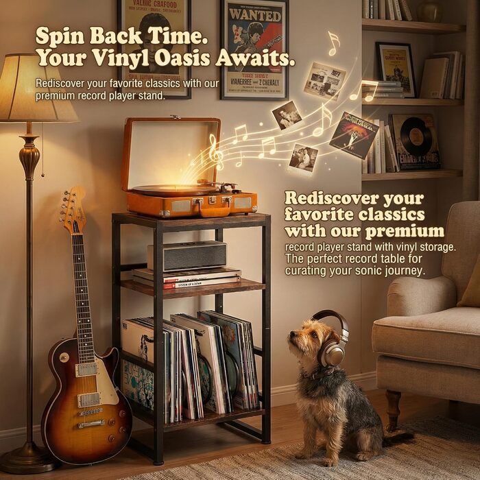 Підставка для програвача платівок, 3-ярусний бічний столик, столик для програвача платівок, до 120 альбомів, столик для вітальні, спальні, вінтажний коричневий (сільський коричневий)