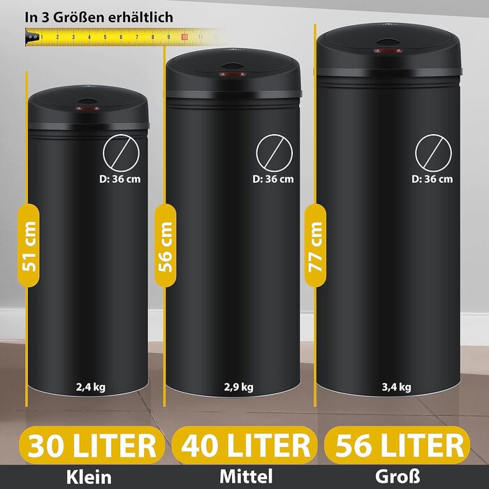 Відро для сміття KESSER Sensor Автоматичне Відро для сміття Відро для сміття Нержавіюча сталь 56 літрів ЧОРНИЙ