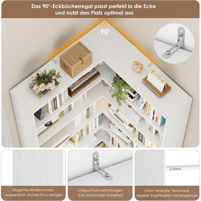 Кутова полиця FirFurd 190 см, книжкова шафа-ліжко, кутова книжкова шафа з 6 полицями, L-подібна кутова шафа, висока шафа, книжкова шафа, кутова вітрина для кабінету, вітальні, кухні, 90x90x190,5 см, білий