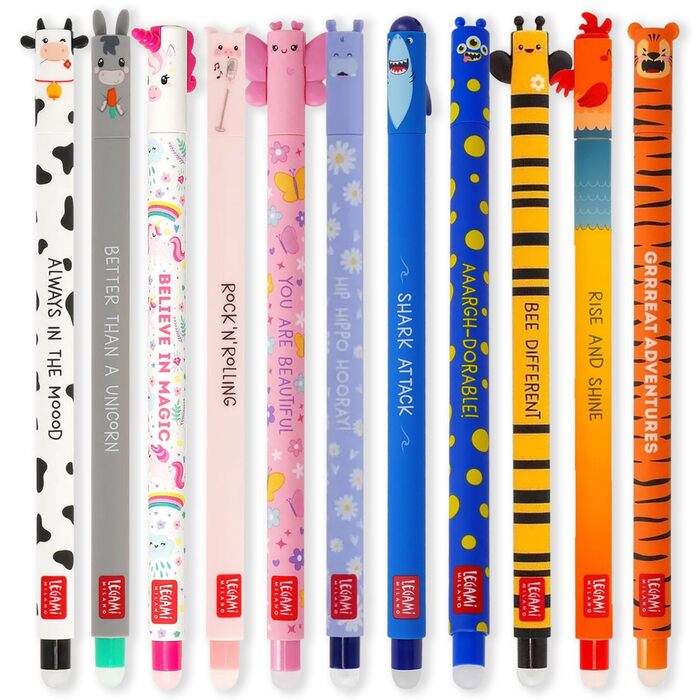 Набір з 11 гелевих ручок, що стираються, з наконечником 0,7 мм, різними кольорами чорнил та малюнками тварин ферма, тигр, метелик, акула тощо.