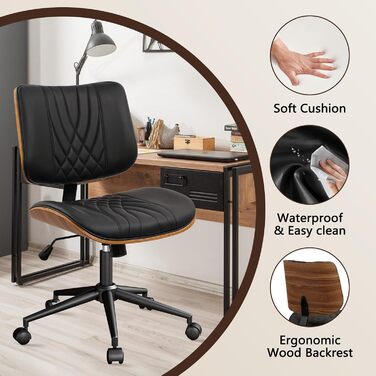 Офісне крісло CLATINA без підлокітників, стілець для столу з колесами, регульоване по висоті шкіряне поворотне комп&39ютерне крісло із середньою спинкою, сучасний стиль горіхового дерева для домашнього офісу, конференц-зал, чорний, комплект з