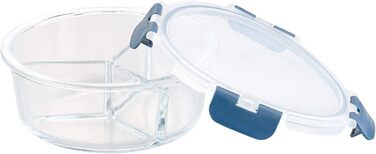 Скляний контейнер для мікрохвильової печі з 3 відділеннями, кришка на защіпках, -20 до 520 C, круглий (Скляний посуд для мікрохвильовки з кришкою, для сніданків/мюслі)