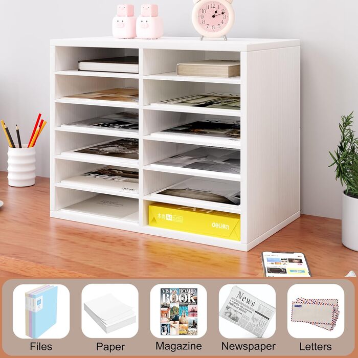 Дерев&39яний настільний органайзер з 12 відділеннями, настільний органайзер для файлів, штабелюваний лоток для файлів A4, лоток для офісних листів, підтримка чистоти на робочому столі, білий