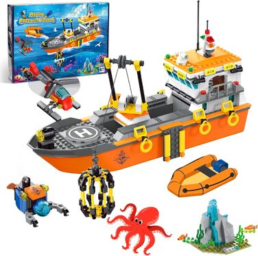 Міська плавуча іграшка для будівництва кораблів, океанський дослідницький корабель, човен, дослідницьке судно, іграшка зі світлодіодним підсвічуванням, гелікоптер, підводний човен, клітка для акул, подарунки на день народження для хлопчиків 6-12 років, ді