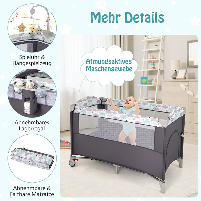 Дитяче ліжечко DREAMADE 120 x 60 см з колесами, дорожнє ліжечко 4 в 1 з матрацом, складне дитяче ліжечко як пеленальний столик та манеж, дорожнє ліжечко для малюків від народження (сіре)