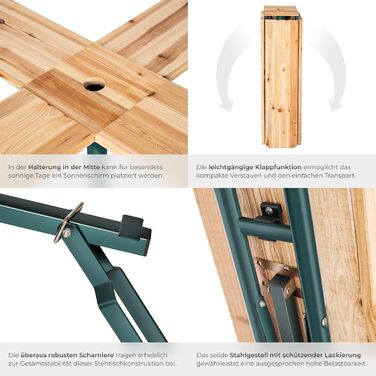 Стіл tectake Quattro як комплект пивного намету, дерев&39яний пивний стіл XXL, складаний, вуличний розкладний стіл з тримачем для парасольки, всепогодний садовий стіл, місце для 20 осіб, міцний та стійкий