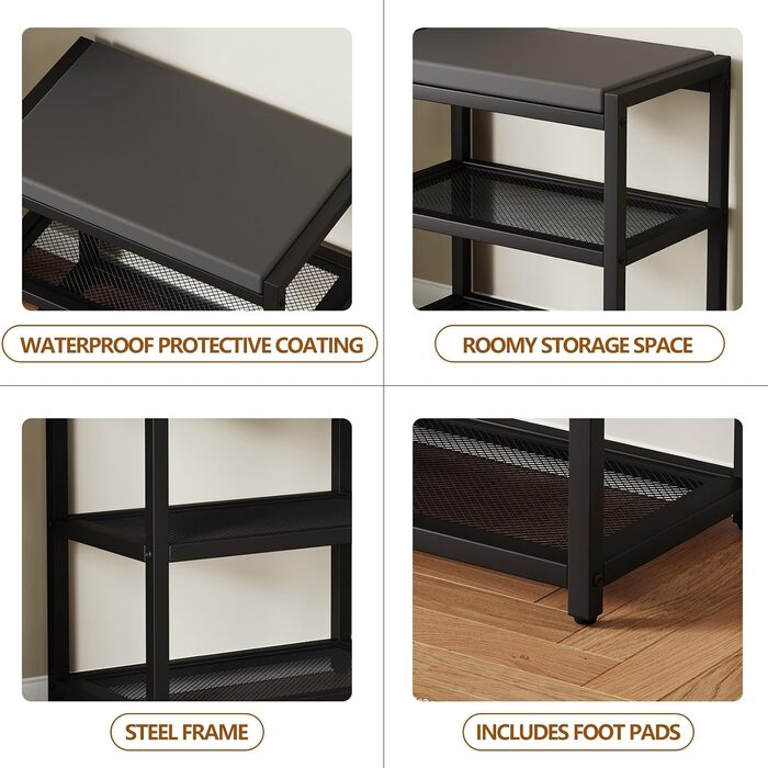 Лавка для взуття ZHOOGE із сидінням, лавка для зберігання, полиця для взуття з 2 дротяними полицями для передпокою, коридору, вітальні, металевий каркас, вантажопідйомність до 150 кг, 47 x 30 x 43 см, чорний