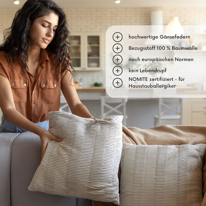 Комплект із 2 пір&39яних подушок MSS eK Розмір 30 x 60 см Вага наповнювача 500 грамів кожна 100 бавовна Не вищипується живими тваринами Наповнювач подушки Сертифіковано NOMITE - без кліщів Протестовано на наявність шкідливих речовин