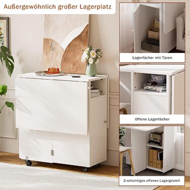 Мобільний розкладний стіл, розкладний обідній стіл на колесах, розкладний стіл з 1 великою шафою та 1 відкритим відділенням, мобільний обідній стіл для невеликих приміщень, їдальня, кухня, 120 x 70 x 78 см, білий, 120x70x78 см, білий