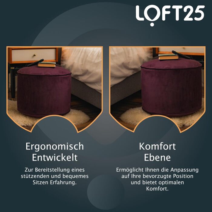 Круглий пуф-мішок Loft 25 Пуф для приміщень, вітальня, подушка для відпочинку ніг Ергономічний дизайн пуфа Зручний та міцний пуф-подушка для сидіння 3245 см (Баклажан)