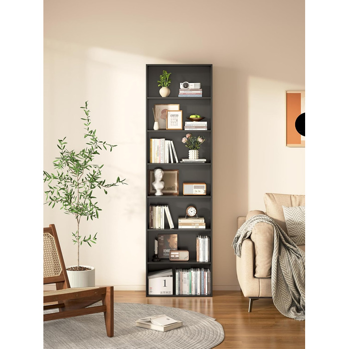 Рівнева окремостояча полиця Garvis 60 см завширшки, 210 см заввишки Відкрита книжкова шафа, білий чорний дуб Офічна полиця для вітальні (чорна), 7-