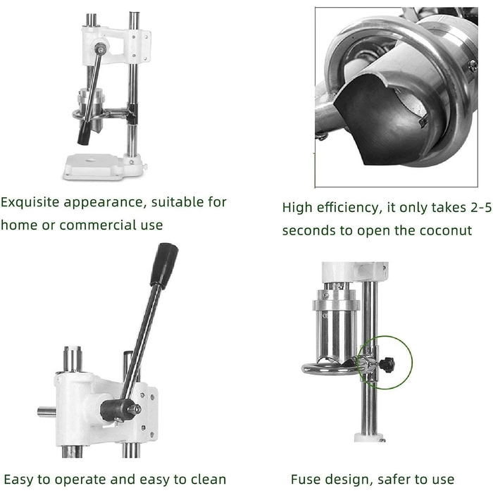 Відкривач кокосових ковпачків, ручний відкривач для кокосів з нержавіючої сталі, комерційний ручний відкривач для кокосових горіхів, ручка, що економить час і працю регульована висота, розмір відкриття 6 см, білий