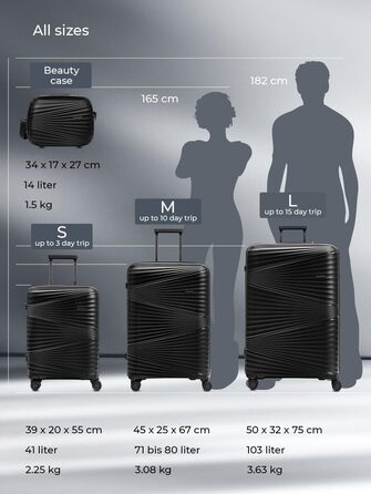 Ультралегка валіза для ручної поклажі з твердою оболонкою Маленький візок для ручної поклажі 39 x 20 x 55 см 41 літр Поліпропілен та TSA лише 2,25 кг (Колекція 02) Чорна металева валіза S (55 см)