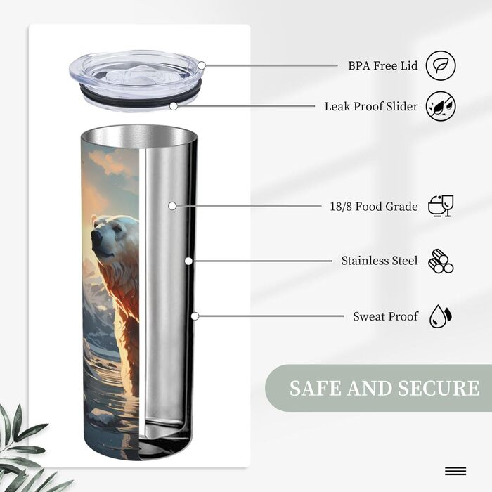 Кухоль з прямою трубочкою, дизайн білий ведмідь взимку, дорожній кухоль з принтом, підходить для кемпінгу, офісу та дому, 590 мл