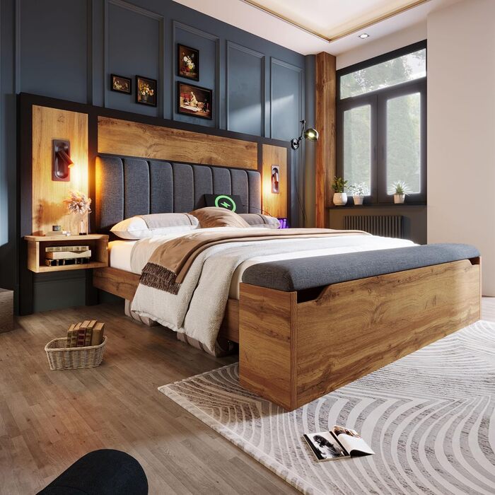 Двоспальне ліжко Kebnor з м&39якою поверхнею, комплект ліжка з лампою для читання та USB-портом, тумбочкою та лавкою для зберігання речей, каркас ліжка з рейковою основою з металу, дерева та льону, дуб (матрац не входить до комплекту) (180200 см) 180200 с