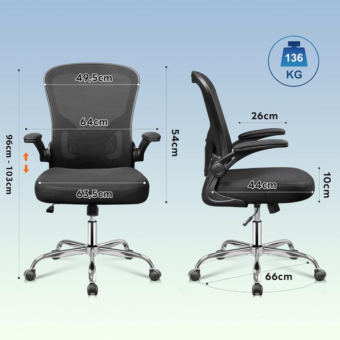 Ергономічне офісне крісло DEVAISE, стілець для роботи з регульованою поперековою опорою та підлокітниками, що складаються на 90, функція гойдання, комп&39ютерне крісло з регульованою висотою, чорне, для офісного використання, чорний колір, без підголівник