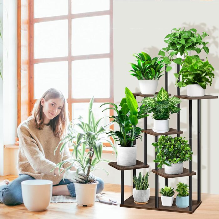 Рівнева дерев&39яна полиця для квітів, підставка для рослин, багаторівнева підставка для квітів, підставка для рослин, лавка для квітів, драбина для рослин, полиця для внутрішнього саду, декор балкону (чорний дуб) 7 рівнів, чорний дуб, 7-
