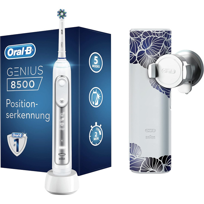 Електрична зубна щітка Oral-B Genius 8500, 5 режимів чищення зубів для догляду за зубами та додаток Bluetooth, дизайнерське видання з дорожнім кейсом, подарунок для неї/нього, срібло