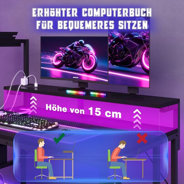 Ігровий стіл JUMMICO 14060 см з розеткою та LED-підсвіткою, реверсивний комп'ютерний стіл з підставкою для монітора, шухлядами, полицею та гачком для навушників, вуглецеве волокно, чорний