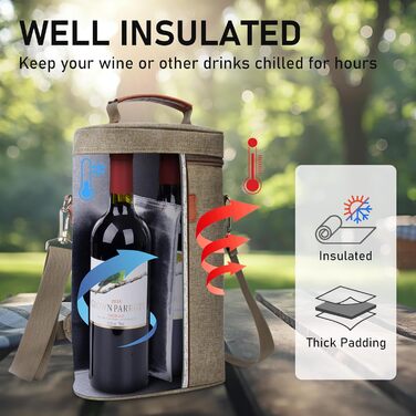 Сумка для пляшок Kato на 1 пляшку, сумка-холодильник для вина, пива та напоїв, сумка для перенесення на вулиці з роздільником, ручкою, плечовим ременем, штопором безкоштовно, сумка-холодильник для 2 пляшок - сіра