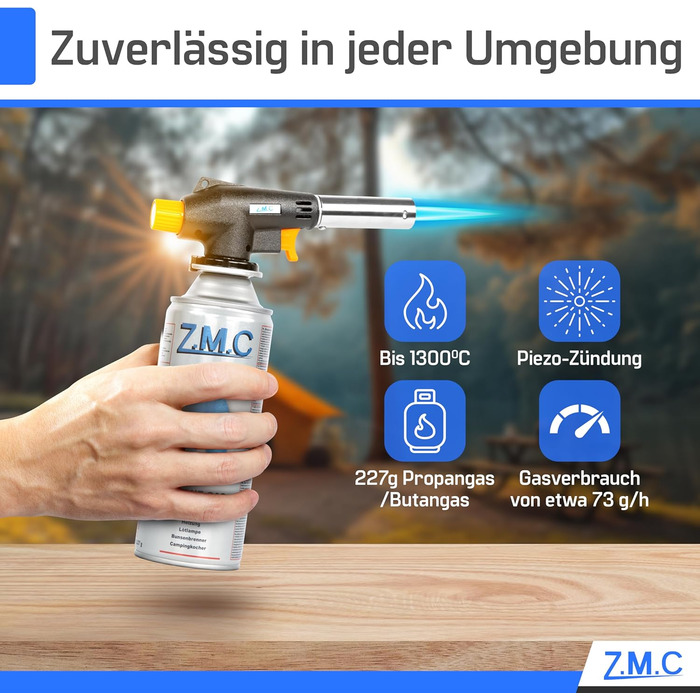 Газовий пальник Z.M.C 8 газових картриджів 227 г, пальник фламбе до 1300C, пальник Бунзена 1,3 кВт, паяльний пальник, кухонний пальник з регульованим полум'ям