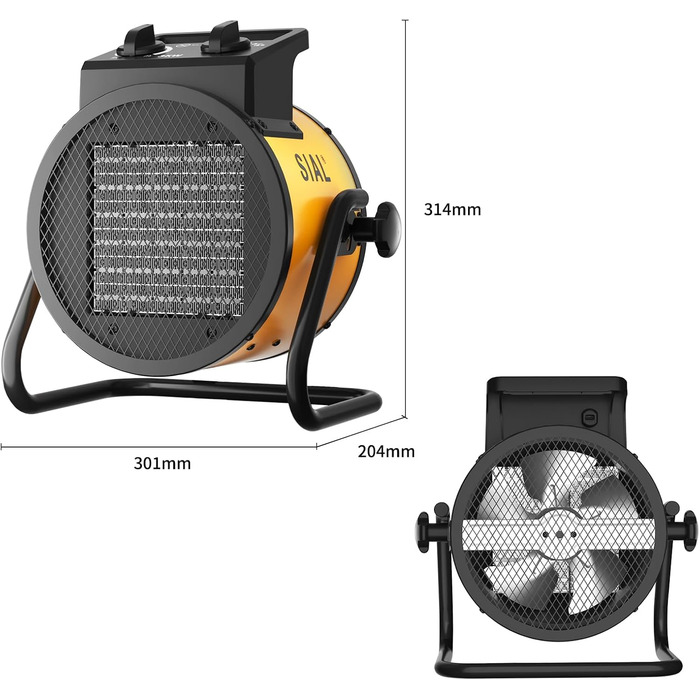 Тепловентилятор SIAL 2000 Вт - Електричний обігрівач - Керамічний радіаційний обігрівач - Будівельний обігрівач/осушувач повітря - Обігрівач із захистом від перегріву - Для будівельних майданчиків, будинків, майстерень, гаражів - P2 - Жовтий - 2 кВт