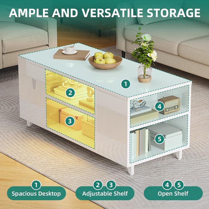 Журнальний столик YITAHOME, білий глянцевий, сучасний стіл для вітальні з 16-кольоровим світлодіодним підсвічуванням, журнальний столик біля дивана з регульованою полицею, 97,5 x 48 x 45 см, білий, без шухляд