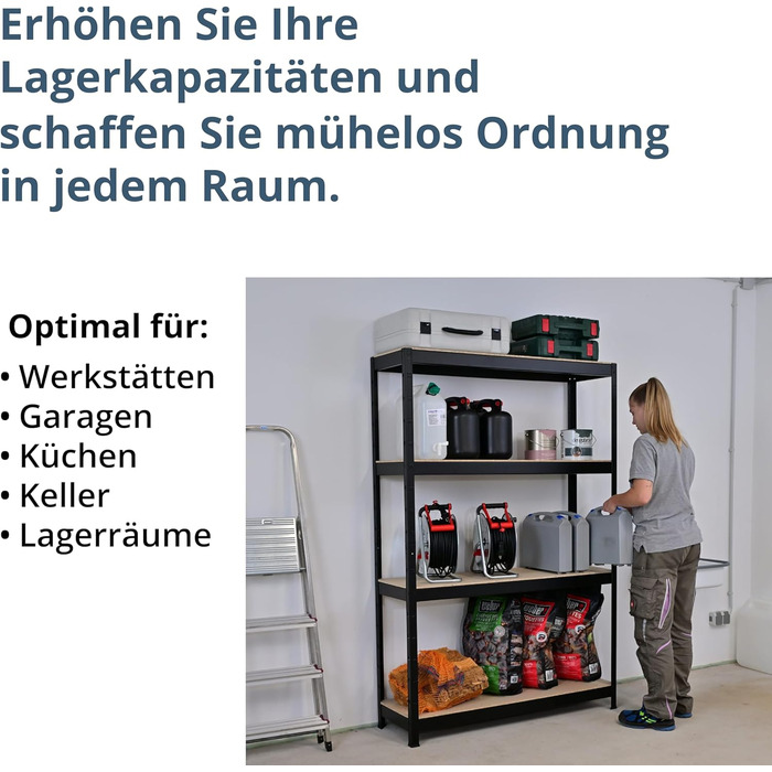 Стелаж SCHULTE Shelf World для важких умов експлуатації з 4 рівнями, 180x160x60 см (ВxШxГ), вантажопідйомність на рівень приблизно 250 кг, чорний текстурований, стелаж для зберігання, стелаж для підвалу, стелаж для майстерні, стелаж без ригелів