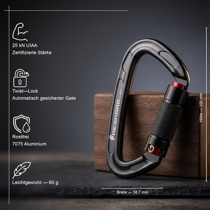 Карабін для альпінізму FresKaro 25kN, сертифікований CE, з поворотним замком, великий 10 см, швидкознімний та міцний, витримує максимум 2550 кг, підходить для альпінізму, спуску на веревках, повідків для собак, чорний та сірий, чорний - 2 шт.